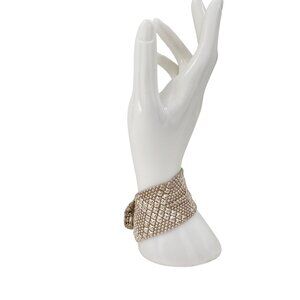 Vintage 1960s Silver-Toned Metal Wide Bracelet With Textured Beaded Design & Rou